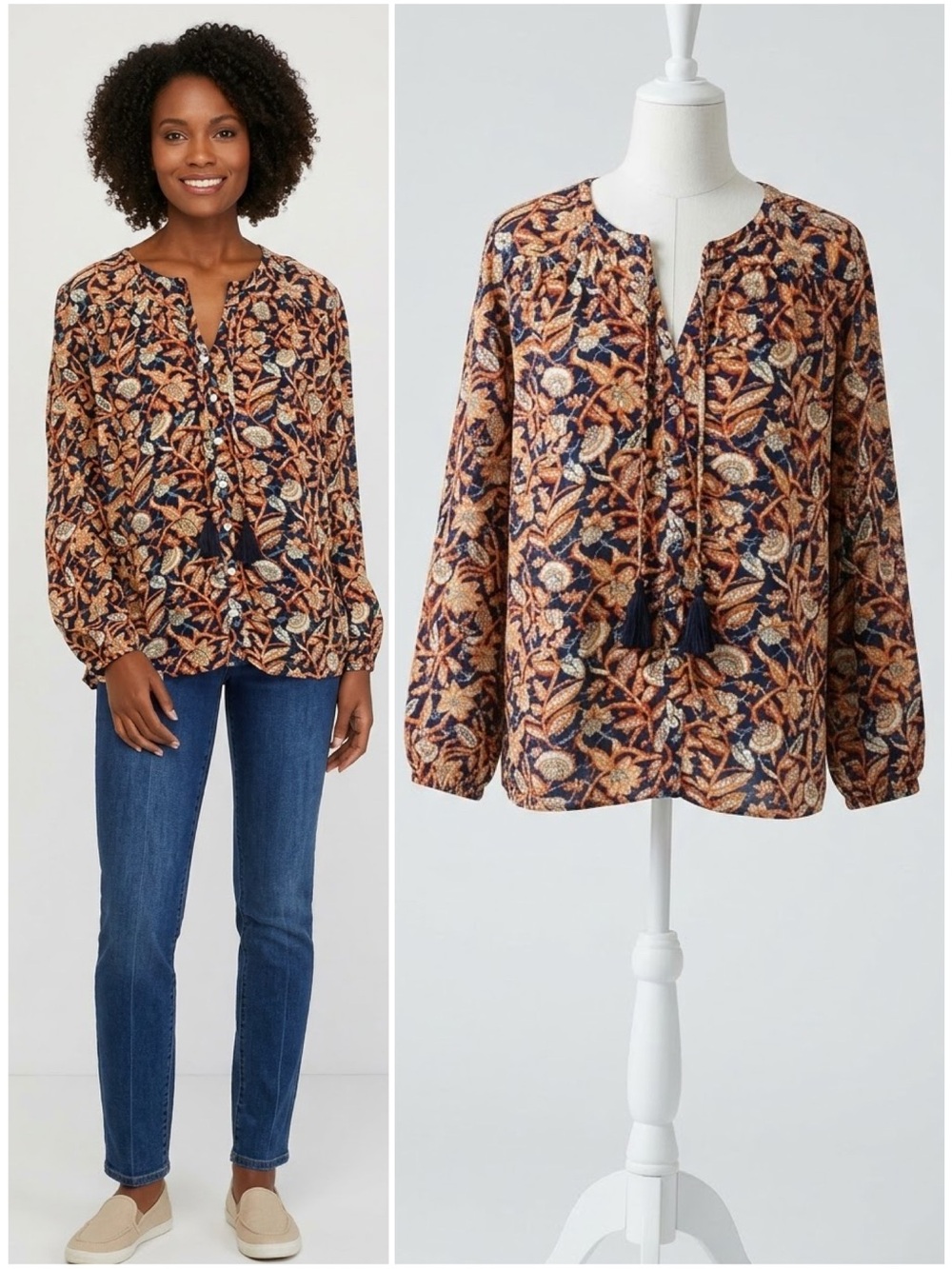 Wonderly Blue Batik Floral Long Sleeve Tassel Tie Button Front Fall Blouse Large